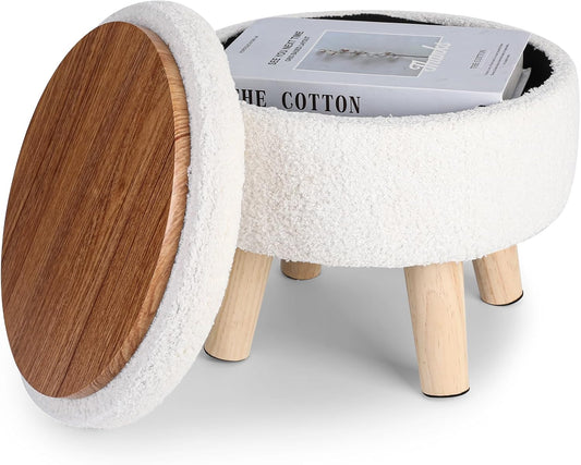 Ashroder Ottoman with Storage, Round Pouf Storage Ottoman,Teddy Velvet Footstool with Wood Legs,Sofa Foot Rest with Padded Seat,Multi-Use as Side Table Step Stool for Living Room,Bedroom(Cream)