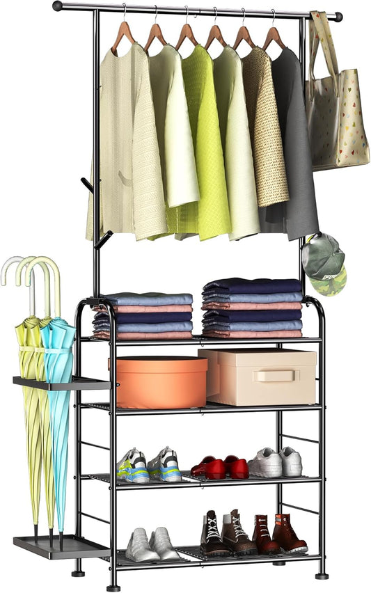 4-Tier Coat Rack with Shoe Storage,Shoe and Coat Rack for Entryway,Cloak Rack and Shoe Rack Entrance,Coat Rack with Umbrella Holder,Hall Tree for Clothes,Shoes,Hats, Bags,Umbrellas (Black)