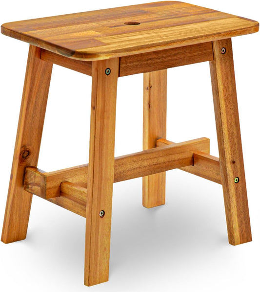 BEEFURNI Rectangular Acacia Wood Stool, Small Bench Seat, 18 Inch Stool, Wood Bathroom Vanity Bench, Plant Stand Indoor, 350 LBS Load Capacity, 1-Year Manufacturer Warranty (Natural Acacia)