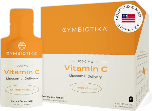 CYMBIOTIKA Vitamin C Individual Packets, Liposomal Delivery, Supplement for Immune Support, Collagen Boost, & Healthy Aging, Skin Hydration Packets, Citrus Vanilla Flavor, 30 Pack