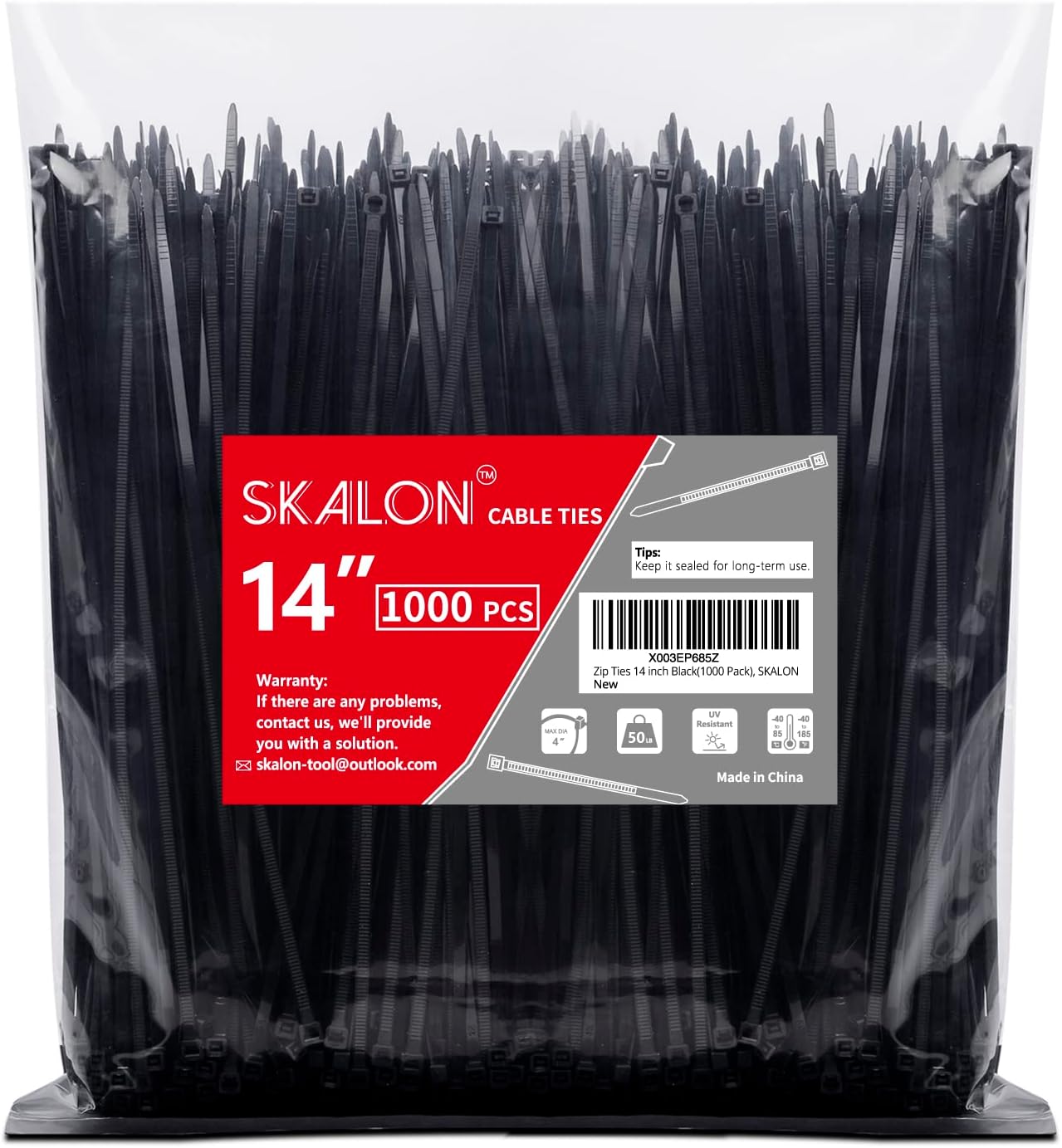 Zip Ties 14 inch (1000 Pack), Black, 50lb Tensile Strength, UV Resistant Cable Ties for indoor and outdoor by SKALON
