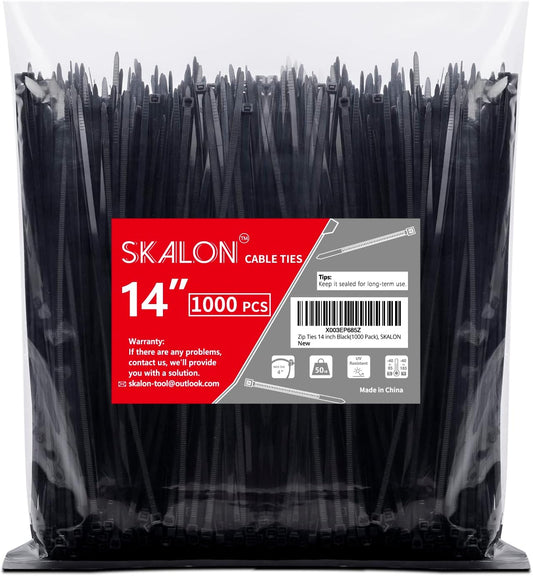 Zip Ties 14 inch (1000 Pack), Black, 50lb Tensile Strength, UV Resistant Cable Ties for indoor and outdoor by SKALON