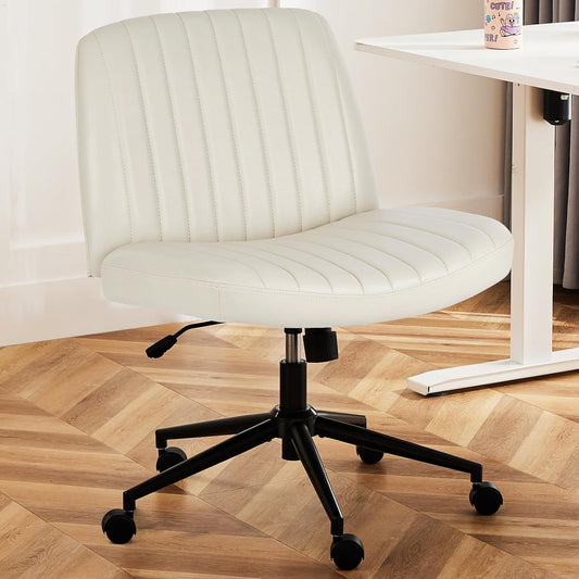 DUMOS Criss Wheels Cross Legged Armless Wide Dual-Purpose Base, Adjustable Swivel Leather Task Vanity Home Office Desk Chair, Cream