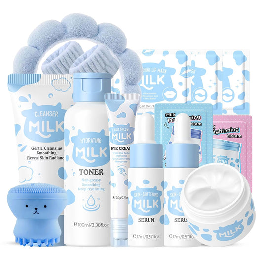 Milk Skin Care Set for Teen Girls Gifts - Mother Day Gifts - Skin Care for Teens 10-12 - 14PCS Skincare Set Nourishing & Anti Aging - Skincare for Girls 10-12 - with Cleanser,Serum,Toner,Eye Cream