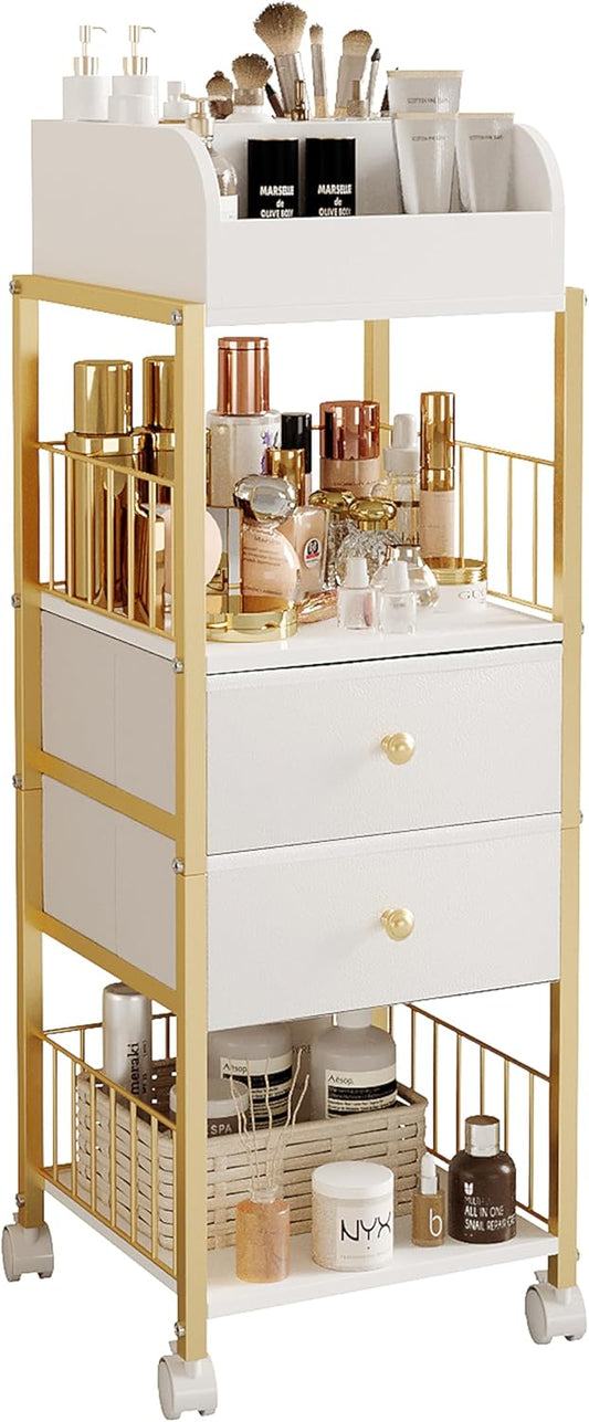 ZQUYAJ Floor Makeup Organizer Cart, Large Skincare organizers, Makeup Stand with Drawers, Makeup Vanity Organizer Cosmetics Display Cases Holder for Skin Care Nail Polish Perfume Makeup Brush (Gold)