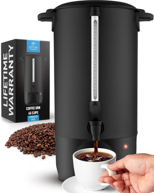 Zulay Commercial Coffee Maker Stainless Steel - Coffee Urn With Twist-Lock Lid & Cool-Touch Handles - Quick-Brewing Coffee Maker With Keep-Warm Mode For Events & Catering - 45 Cup Black