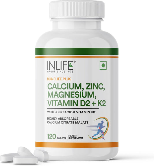 Calcium Magnesium Zinc Vitamin D K2 Folic Acid & B12 Vegetarian Tablets, Bone & Joint Support Supplement | Calcium Supplement for Women Men - 120 Tablets (Pack of 1)