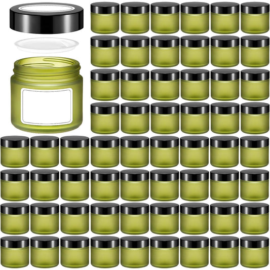 Layhit 60Pcs 2 oz Glass Jars with Lids Empty Round Cosmetic Jars with Inner Liners White Labels for Storing Lotions Powders Ointments Candle Making (Black,Green)