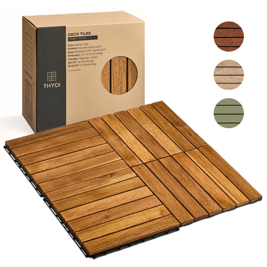 10 Pcs Premium Acacia Deck Tiles, Interlocking Floor Decking, Water-Resistant for Indoor & Outdoor Use, Balcony Flooring with Stripe Pattern, Square Joint (Golden Teak)