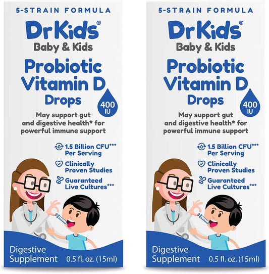 DrKids Probiotic Vitamin D Drops, Clinically Proven Strains, May Support Infant & Child Gut and Digestive Health*, Powerful Immune Support and Guaranteed Live Cultures, 0.5 fl. Oz. (15 ml). 2 Pack