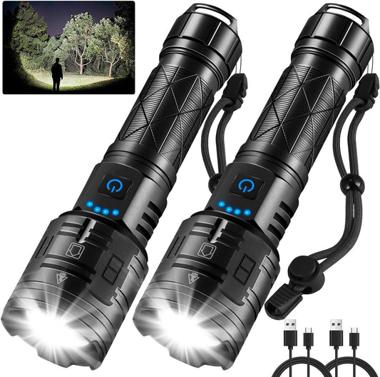 2Pack Rechargeable Flashlights High Lumens, 990000LM Powerful Tactical Flashlights, 5 Modes LED Flashlight Adjustable, Brightest Flashlight Waterproof, Handheld Flash Light for Home, Camping, Hiking