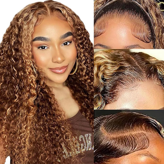 FIRIEYA 4\/27 Highlight Lace Front Wigs Human Hair Pre Plucked 180 Density 4X4 Ombre Honey Blonde Deep Wave Lace Closure Wigs for Women 16 Inch