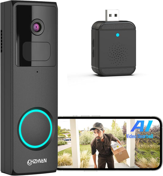 CHZHVAN Doorbell Camera Wireless, FHD Smart Video Doorbell Wireless with AI Analysis, 2.4G Wi-Fi, Battery Powered, Anti Theft, PIR Motion Detection for Apartment Outdoor, Instant Alerts, 2-Way Audio