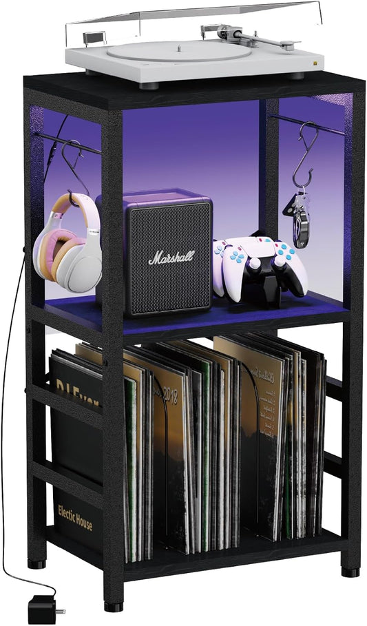 YAKANJ End Table with LED Light,Record Player Stand with Albums Storage,Vinyl Records Storage,Turntable Stand Side Table for Music Room Studio Living Room Bedroom-Modern Black