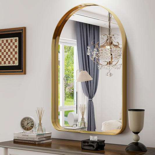GLSLAND 20\u201Dx30\u201C Gold Arched Bathroom Mirror - Aluminum Alloy Framed Mirrors for Wall- Matted Wall Mirrors for Bedroom, Entryway Mirrors for Wall