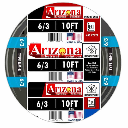 10 Feet 6/3 Type NM-B Copper. #6 AWG, 3 Conductor with Ground. Insulated Jacket Black, Arizona 10 Gauge Copper Wire,.030 Inch Diameter, Black