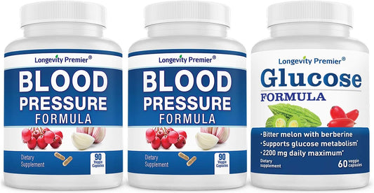 (Bonus Pack) Longevity Blood Pressure Formula 90 caps x 2 Bottles with 1 Bonus Bottle of Glucose Formula [60 caps]