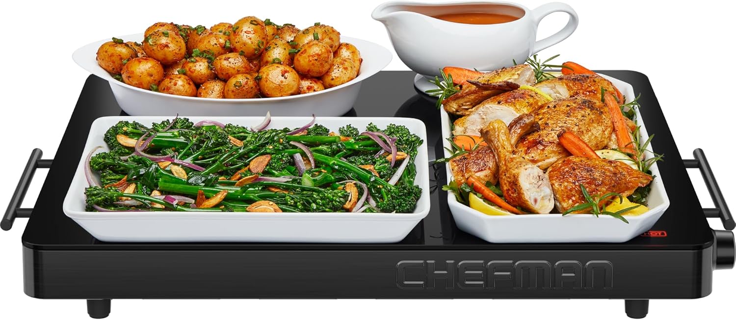 Chefman Electric Warming Tray with Adjustable Temperature Control, Perfect For Buffets, Restaurants, Parties, Events, and Home Dinners, Large 21\u201D x 16\u201D Glass-Top Surface Keeps Food Hot \u2013 Black