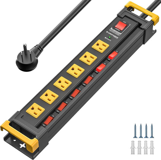 6 Outlet Heavy Duty Power Strip with Individual Switches, 3300J Surge Protector Metal Mountable Power Strip, 6FT Cord Management, Wide-Spaced, ETL Listed (15A\/1875W)