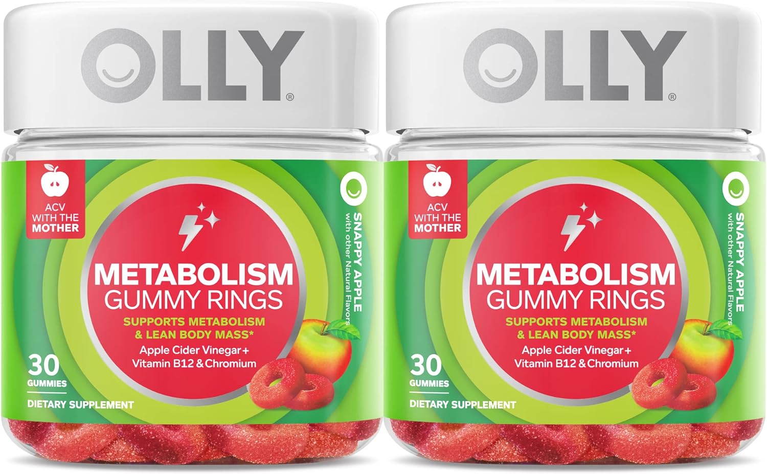 OLLY Metabolism Gummy Rings, Apple Cider Vinegar, Vitamin B12, Chromium, Energy and Digestive Health, Chewable Supplement, Apple Flavor, Twin Pack - 60 Count