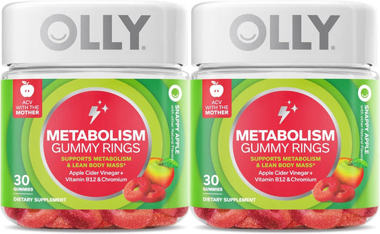OLLY Metabolism Gummy Rings, Apple Cider Vinegar, Vitamin B12, Chromium, Energy and Digestive Health, Chewable Supplement, Apple Flavor, Twin Pack - 60 Count