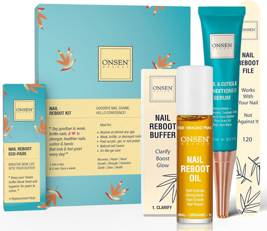 Onsen Secret Complete Nail Reboot Kit w\/Nail Reboot Oil 10ml, Nail File 120\/180 Grit Double Sided, A 3-Way Nail Buffer Block & Cuticle Serum-15ml w\/Cuticle Oil in Action-Super Value Pack