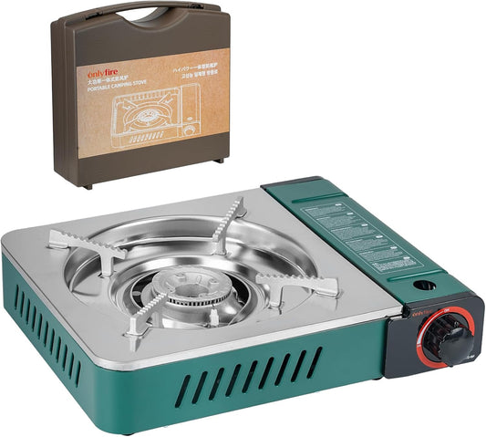 ONLYFIRE Butane Stove with Carrying Case, Portable Camping Stove, 13.5x11in Compact Backpacking Camp Stove for Camping, Hiking, RV Trip, Breakfast, Hotpot and Emergency, 6900BTU, Green GS347