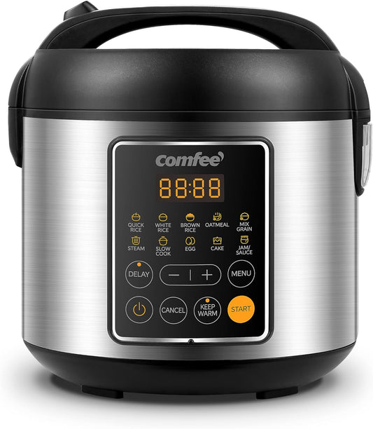 COMFEE' Compact Rice Cooker, 10-in-1 Stainless Steel Multi-Cooker, Quick Rice Maker, Slow Cooker, Steamer and Warmer, 2 Quarts, 8 Cups (Cooked) \/ 4 Cups (Uncooked), 12 Presets