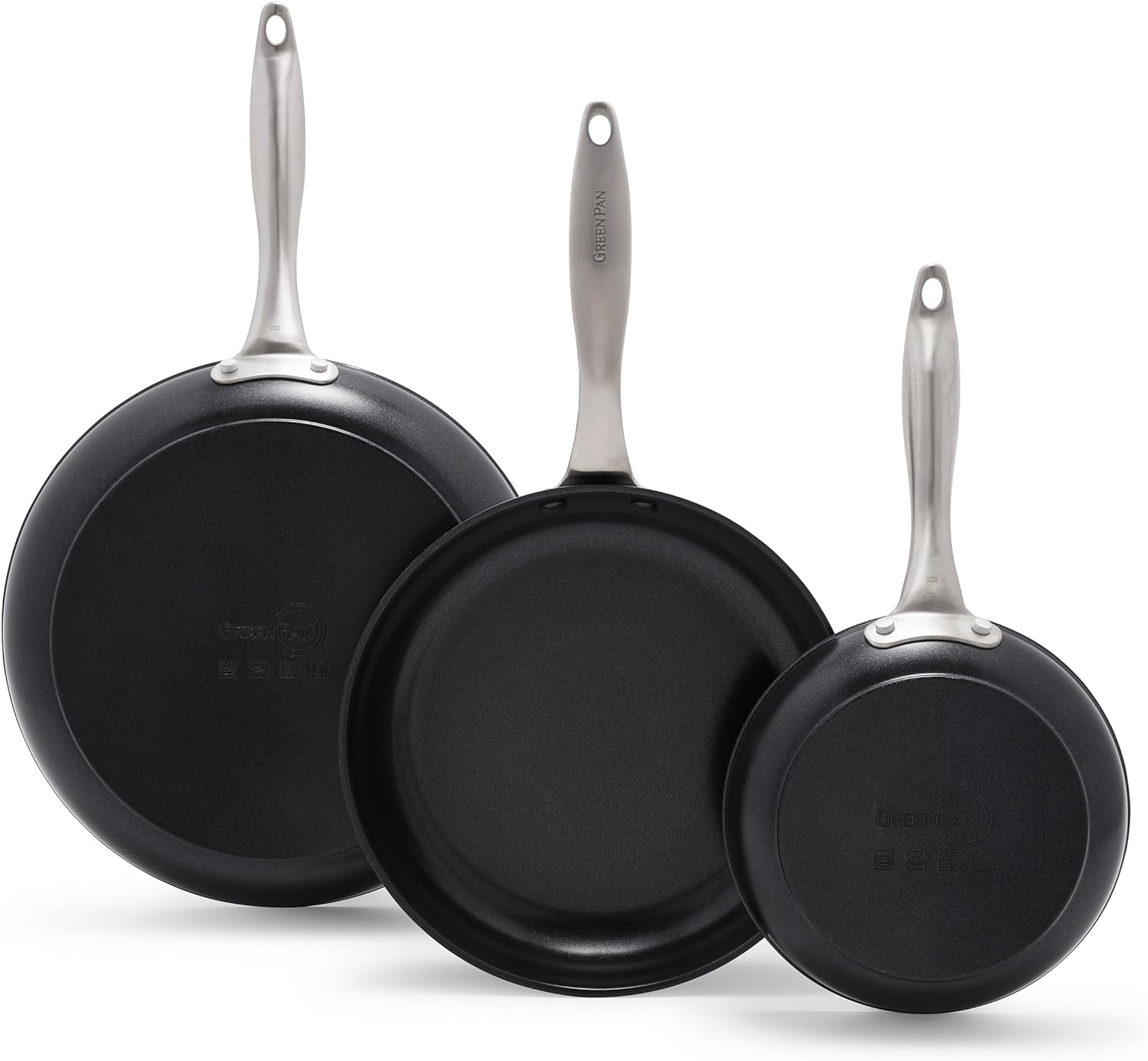 GreenPan Black Pro Infinite8 Ceramic Nonstick 3-Piece Frypan Set, 8\u201D, 10\u201D, and 12\u201D, Hard Anodized, Stainless Steel Handle, PFAS-Free