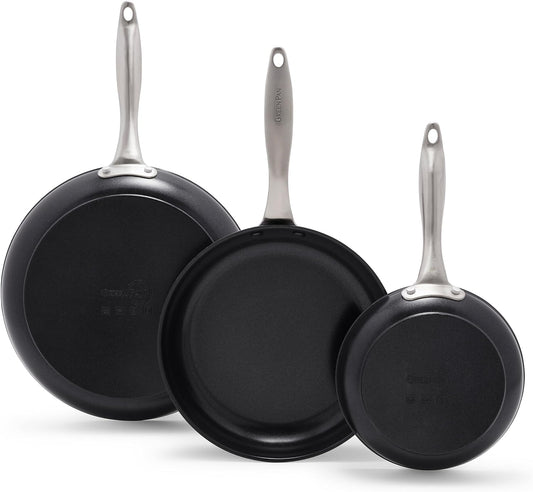 GreenPan Black Pro Infinite8 Ceramic Nonstick 3-Piece Frypan Set, 8\u201D, 10\u201D, and 12\u201D, Hard Anodized, Stainless Steel Handle, PFAS-Free