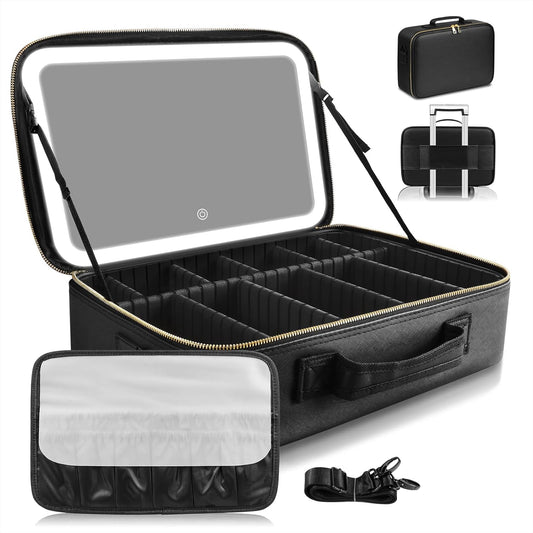 15''X11'' Large Capacity Makeup Bag with LED Mirror, Professional Makeup Case Organizer with 3 Color Light Adjustable Brightness, Travel Make up Cosmetic Case with Detachable Dividers & Shoulder Strap