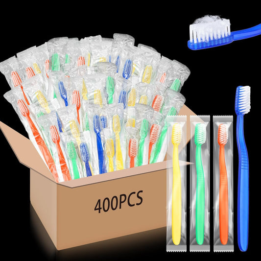 Ziliny 400 Pcs Prepasted Disposable Toothbrushes Bulk Individually Wrapped Pre Pasted Soft Bristle Set Travel Colorful Toothbrushes for Homeless Gift Hotel Camping Travel