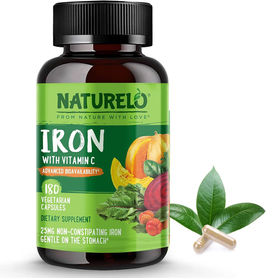 NATURELO Vegan Iron Supplement with Vitamin C and Organic Whole Foods - Gentle Iron Pills for Women & Men with Iron Deficiency Including Pregnancy, Anemia and Vegan Diets - 180 Mini Capsules