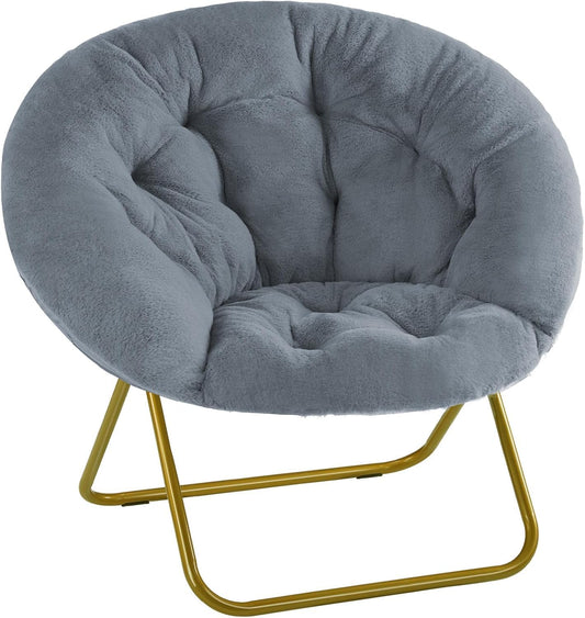 YSSOA Faux Fur Saucer Chair Comfy Lounge Chair for Bedroom Living Room, Folding Chair Upholstered Dorm Chair Papasan Chair Cozy Flexible Reading Chair for Adults Teens Kids, Grey
