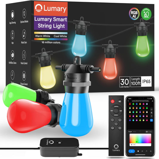 Lumary 100FT Smart Outdoor String Lights with APP\/Remote\/Voice Control, RGBAI Color Changing Patio Lights with Warm White 30+2 LED Bulbs, IP65 Waterproof Permanent Outdoor Lights Work with Alexa