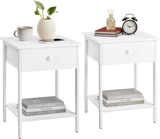 VASAGLE Nightstands Set of 2, End Tables, Side Tables with Drawer and Shelf, 15.7 x 15.7 x 21.7 Inches, Bedroom, Steel Frame, Easy Assembly, Modern, Matte White ULET506W14