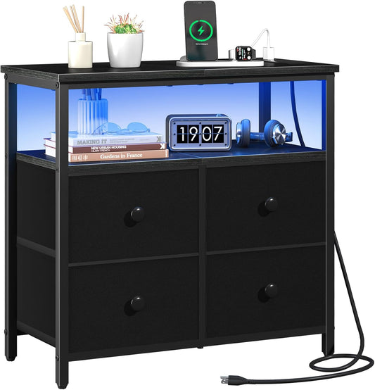 Yoobure Night Stand with Charge Station, Nightstand with 4 Drawers Bedside Table, LED Dresser with Storage Shelf, Night Stands for Bedroom, Side Table 3-Tier Wood End Table for Home, Office Black