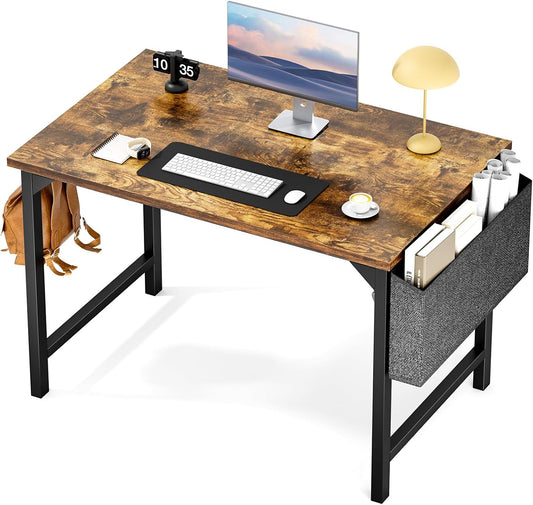 Sweetcrispy Computer Small Office Desk 40 Inch Student Kids Study Writing Work with Headphone Hooks & Storage Bag Modern Simple PC Home Bedroom Table, Rustic Brown