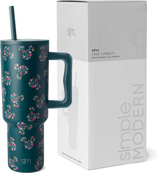 Simple Modern Disney 40 oz Tumbler with Handle and Straw Lid | Insulated Reusable Stainless Steel Water Bottle Travel Mug | Gifts for Women Her | Trek Collection | 40oz | Mickey Mouse Floral Riptide