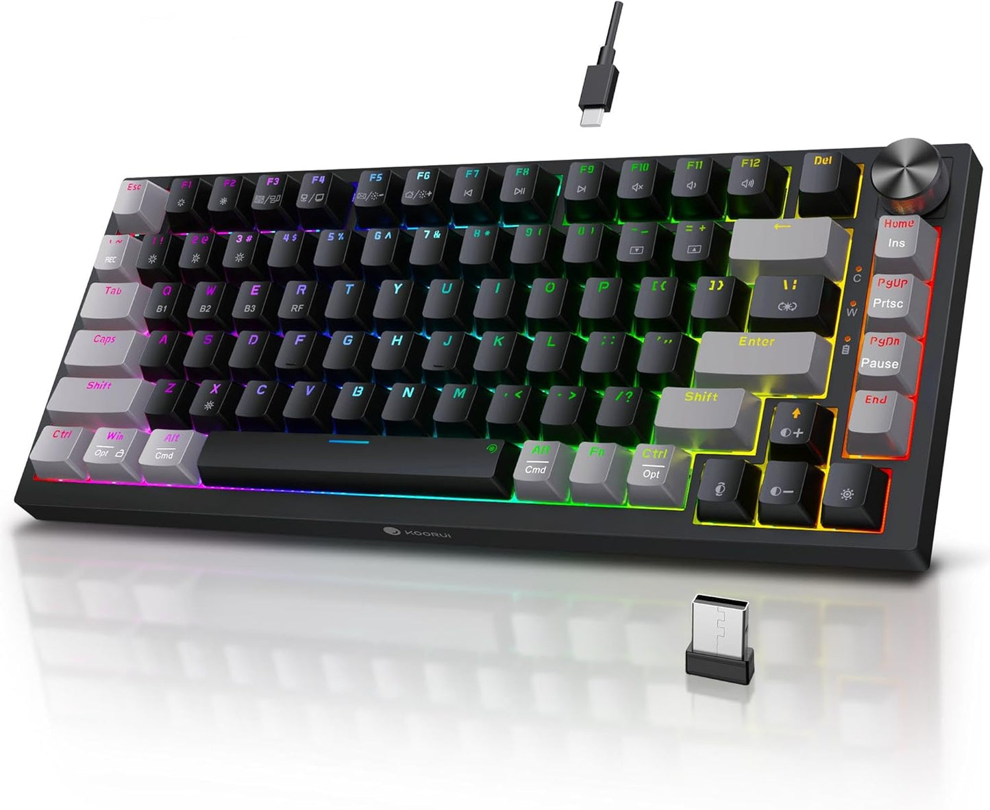 KOORUI 75% Wireless RGB Gaming Keyboard,3 Mode BT\/2.4Ghz\/USB-C Hot Swappable Mechanical Keyboard,Compact 82 Keys Gaming Keyboard with 4000mAh Battery & Dedicated Knob Control,Clicky Blue Switch