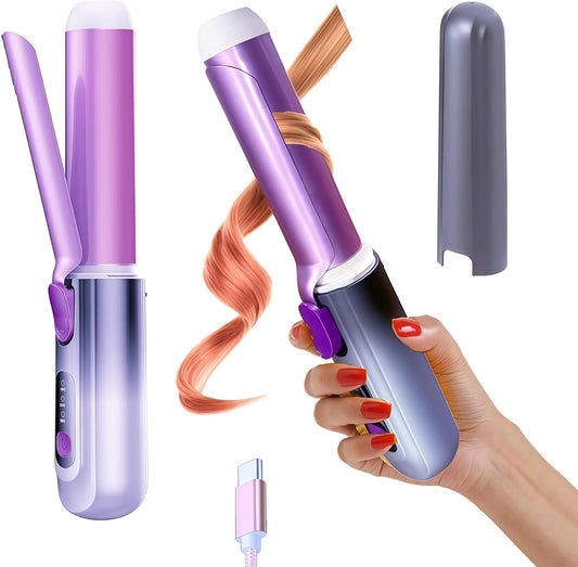 Cordless Curling Iron Rechargeable for Travel, Wireless Curling Wand Fast 30s Ceramic Heat-Up, USB-C Battery Operated Hair Curler, Airplane Mode,200M Ions & 1.33 Inch Purple Barrel with Shell