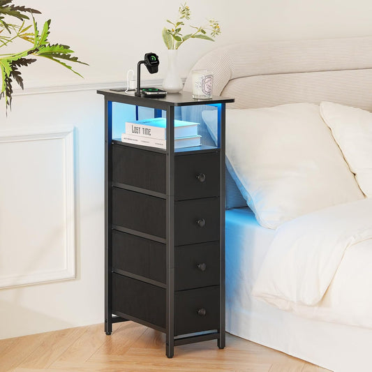 Yoobure Narrow Dresser for Bedroom, LED Slim Dresser with Charging Station, Small Dressers Chest of Drawers, Fabric Tall Dresser Skinny Cabinet Night Stand for Dorm, Small Spaces, Closet, Bathroom