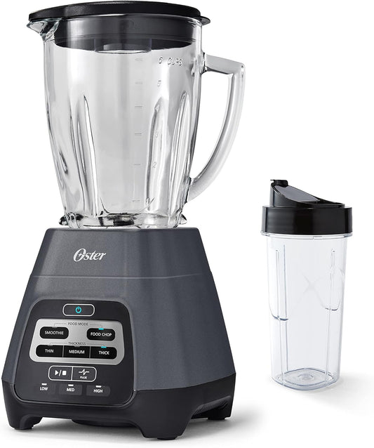 Oster Blender for Shakes, Smoothies and Salsas, 48 oz. Dishwasher-safe Glass Jar, 24-oz. Sports Bottle, 3 manual speeds and Pulse, Grey