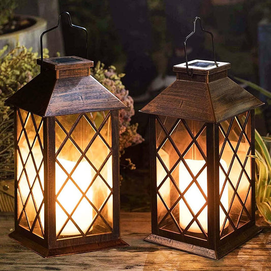 [2 Pack] TAKE ME 14" Solar Lantern Outdoor Garden Hanging Lantern Waterproof LED Flickering Flameless Candle Mission Lights for Table,Outdoor，Mothers Day Gifts Mom Wife
