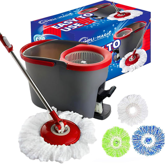 SIMPLI-MAGIC Spin Mop and Bucket with Wringer Set, Mop Bucket Cleaning System with Foot Pedal, 360°Rotation, 3 Microfiber Mop Heads