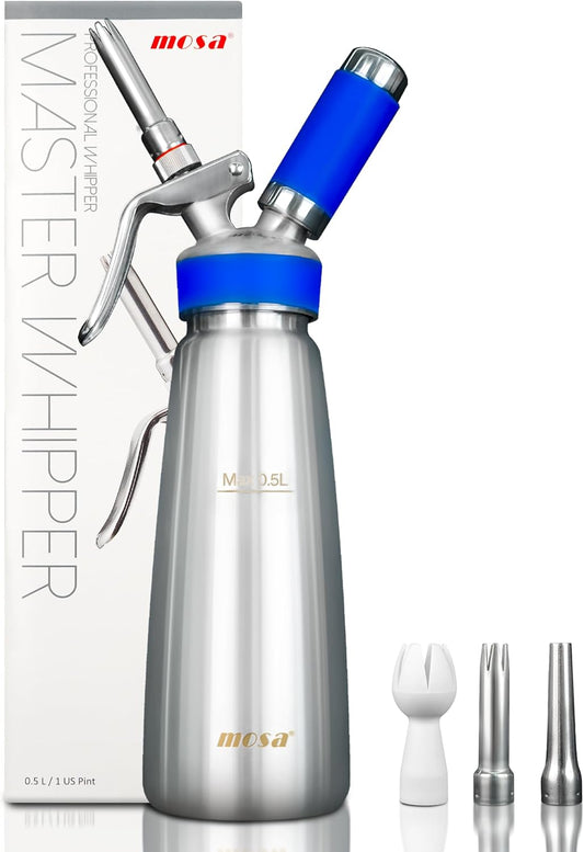 Mosa Professional Stainless Steel Whipped Cream Dispenser, Durable 18\/8 Steel, Silver Finish (500ML\/ 1 Pint)