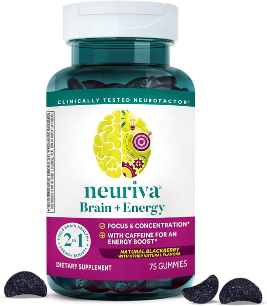 NEURIVA Brain + Energy Gummies, Nootropic Brain Supplements for Focus and Concentration with Neurofactor, Vitamin B12 & Caffeine for an Energy Boost*, 75ct Natural BlackBerry