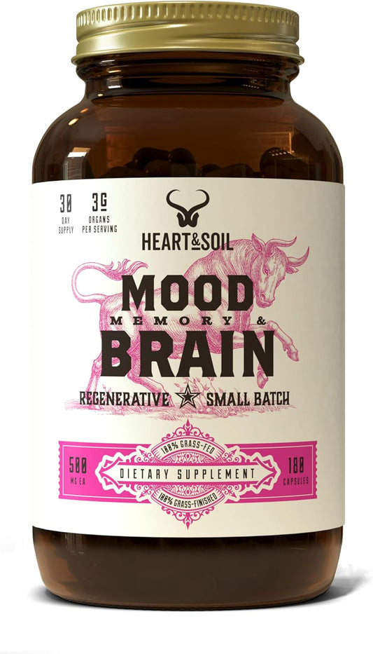 HEART & SOIL - Mood, Memory & Brain Supplement - Brain Support - Enriched with DHA\/EPA, Choline, B12, Folate, Riboflavin, Selenium & Copper - Brain Supplements for Memory and Focus - 180 Capsules