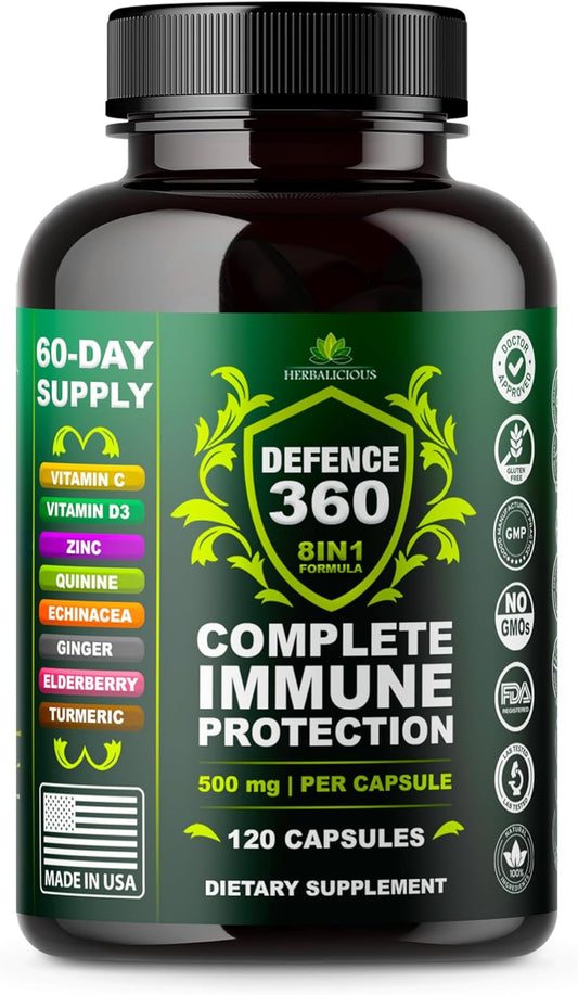 Defence360 Immune Support 8-in-1 Supplement with Vitamin C, D3, Zinc, Elderberry, Echinacea, Turmeric, Ginger & Quinine, Immune Protection, Energy and Vigor, Brain Boost, Stress Relief (120 Capsules)