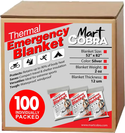 Mart Cobra Emergency Blanket 100-Pack Space Mylar Blankets Survival Gear and Supplies Reusable Thermal Camping Essentials Hiking First Aid Car Emergency Kit Prepper Foil Bug Out Bag Warm Cat Cold Snow